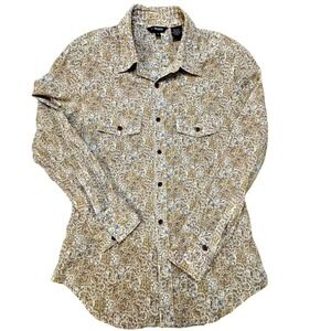 NYBASED Mens Small Tan Brown‎ Floral Cotton Button Down Shirt Long Sleeve
